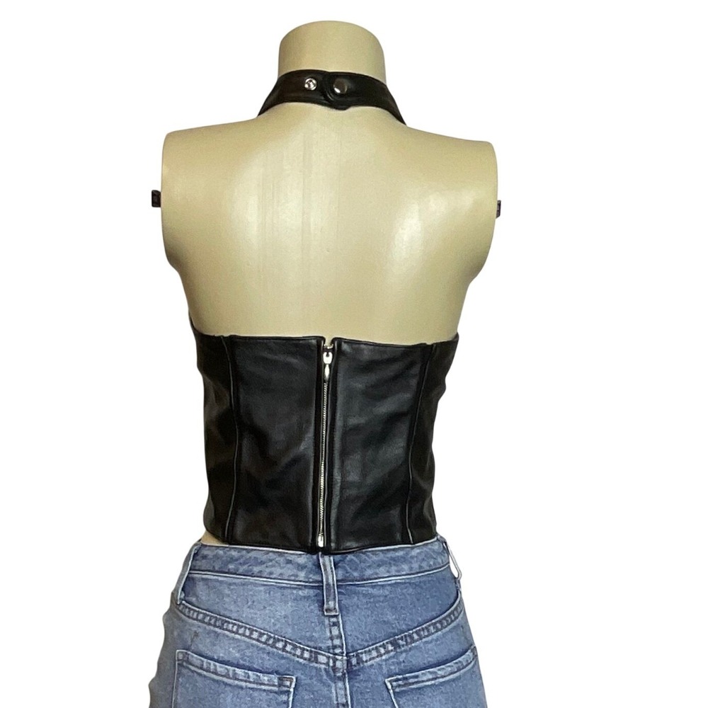Vintage Wilsons Leather Maxima Black Genuine Leather Ruched Halter Top, Size M - Picture 2 of 5